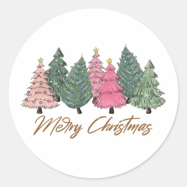 Elegant Watercolor Christmas Trees Merry Xmas Classic Round Sticker (Front)