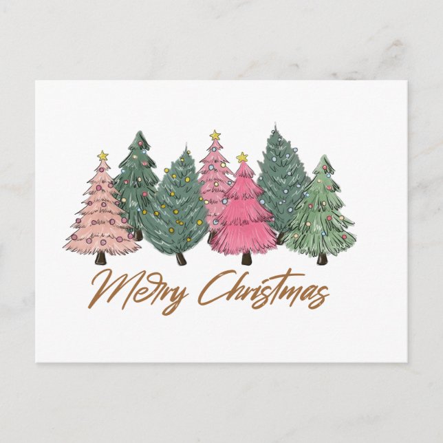 Elegant Watercolor Christmas Trees Merry Xmas Holiday Postcard (Front)