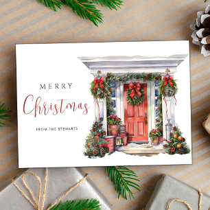 Elegant Watercolor Christmas Vintage Door Holiday Card