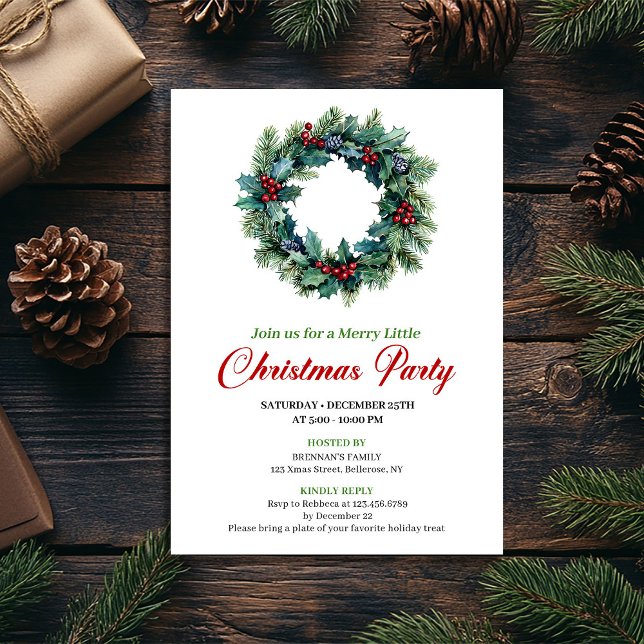 Elegant watercolor Christmas wreath dinner invite (Elegant watercolor Christmas wreath dinner invitation)