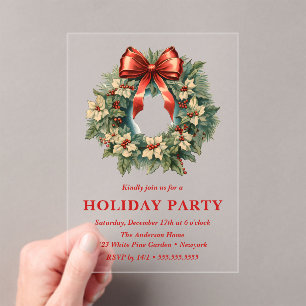 Elegant Watercolor Christmas Wreath Holiday Party Acrylic Invitations