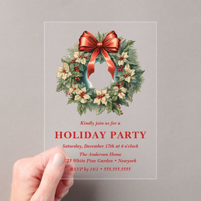 Elegant Watercolor Christmas Wreath Holiday Party Acrylic Invitations (Insitu (Handheld))