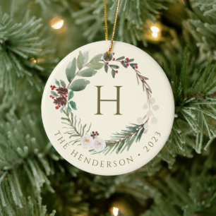 Elegant Watercolor Christmas Wreath Monogram Ceramic Tree Decoration