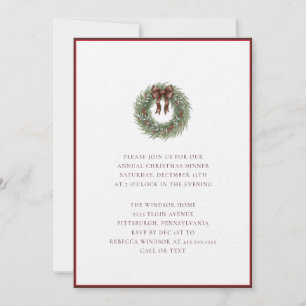 Elegant Watercolor Christmas Wreath Plaid Bow  Invitation