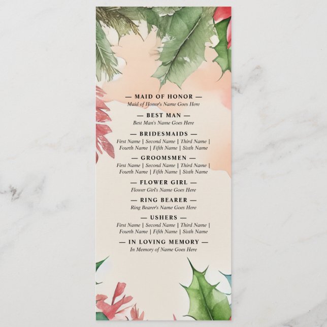 Elegant Watercolor Christmas Wreath Wedding Programme (Back)