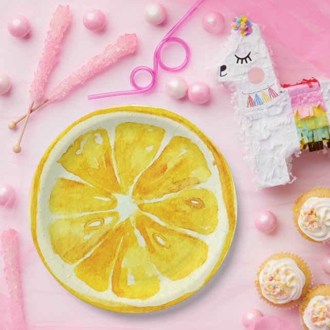 Elegant watercolor citrus Birthday party yellow  Paper Plate (Party)