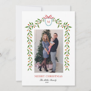 Elegant watercolor citrus garland Monogram Holiday Announcement