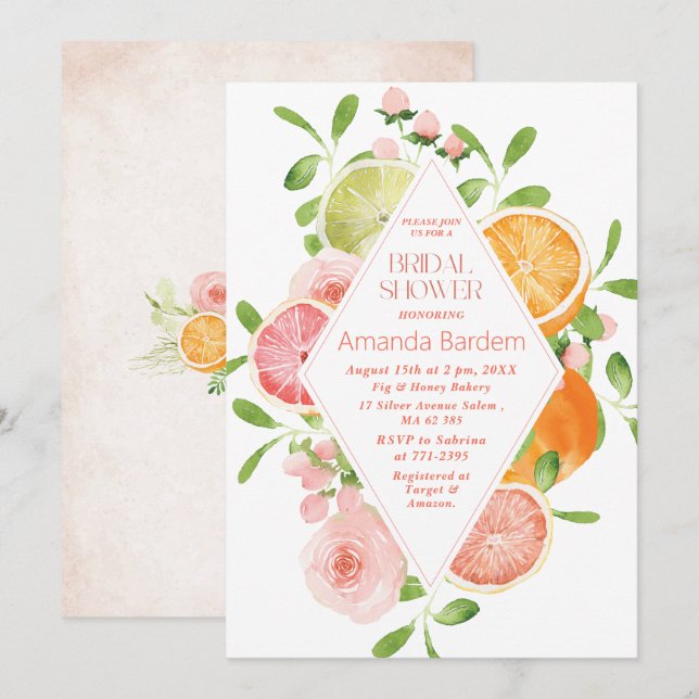 Elegant Watercolor Citrus Pink Flowers  bridal sho Invitation (Front/Back)