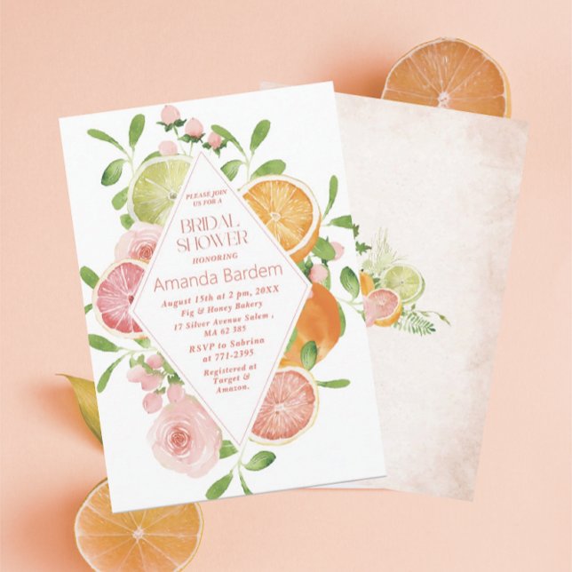 Elegant Watercolor Citrus Pink Flowers  bridal sho Invitation (Creator Uploaded)