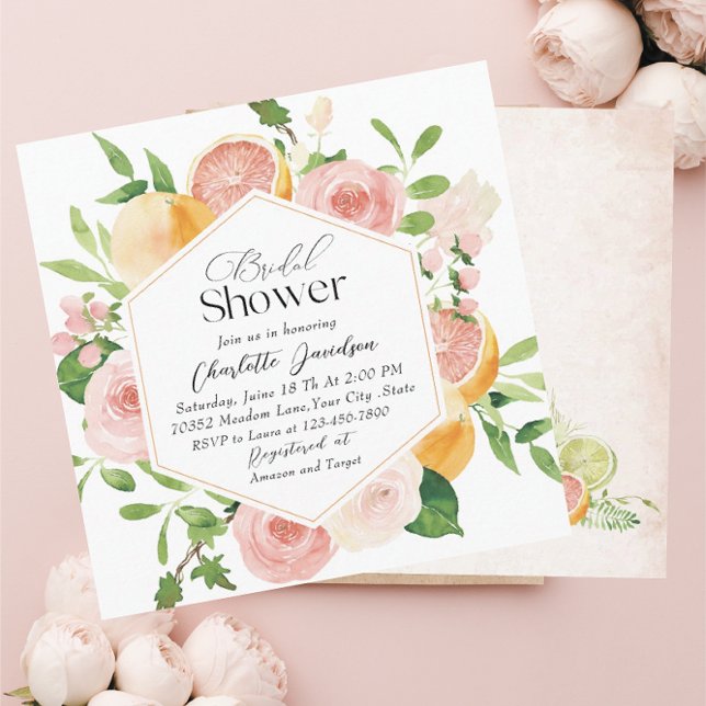 Elegant Watercolor Citrus Pink Flowers Bridal Show Invitation (Creator Uploaded)