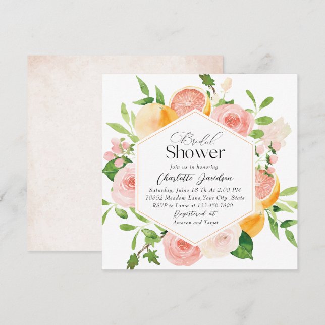Elegant Watercolor Citrus Pink Flowers Bridal Show Invitation (Front/Back)