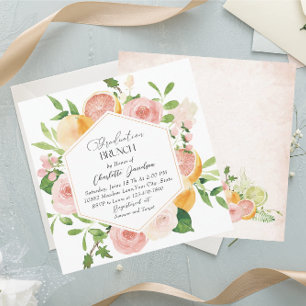 Elegant Watercolor Citrus Pink Flowers Graduation Invitation