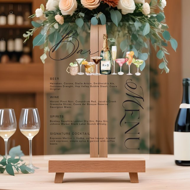 Elegant Watercolor Cocktails Wedding Bar Menu Acrylic Sign (Elegant Watercolor Cocktails Wedding Bar Menu Acrylic Sign)
