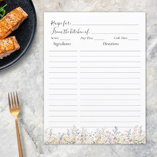 Elegant Watercolor Colourful Floral Recipe Insert