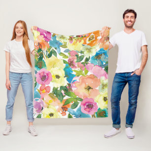Elegant Watercolor Colourful Spring Floral Fleece Blanket
