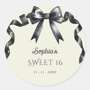 Elegant Watercolor Coquette Black Bow Sweet 16 Classic Round Sticker