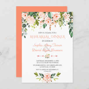 Elegant Watercolor Coral Flowers Rehearsal Dinner Invitation