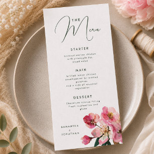 Elegant Watercolor Coral Pink Floral wedding Menu