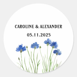 Elegant Watercolor Cornflowers Wildflowers Wedding Classic Round Sticker