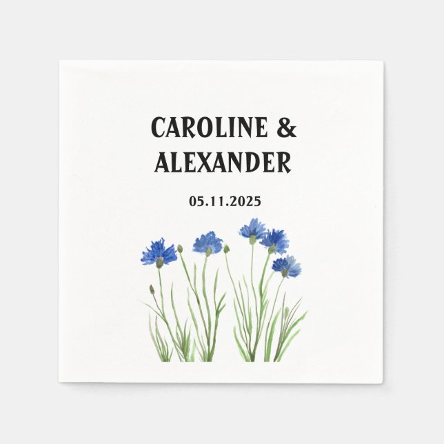 Elegant Watercolor Cornflowers Wildflowers Wedding Napkin (Front)