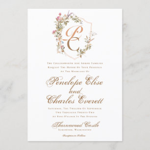 Elegant Watercolor Crest Monogram Wedding Invitation
