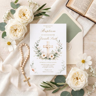 Elegant Watercolor Cross Baptism Invitation