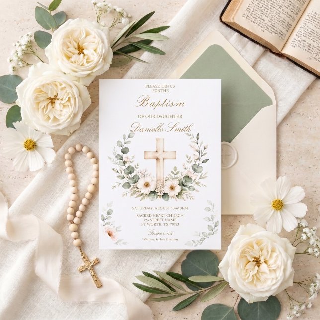 Elegant Watercolor Cross Baptism Invitation (Creator Uploaded)
