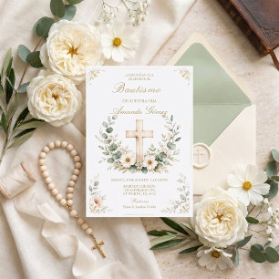 Elegant Watercolor Cross Baptism Spanish Invitation