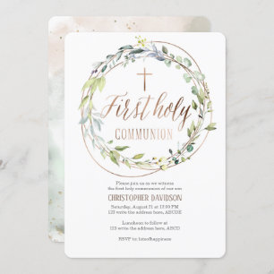 Elegant, Watercolor, Cross, First communion Invitation