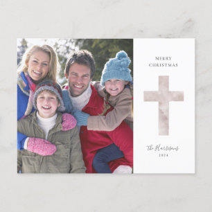 Elegant Watercolor Cross Photo Family Christmas Postcard