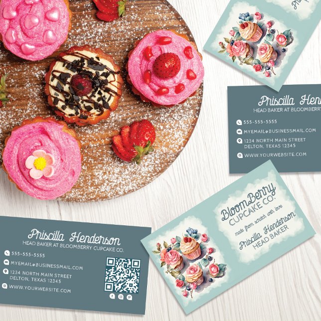 Elegant Watercolor Cupcake Retro Floral Business Card (Creator Uploaded)