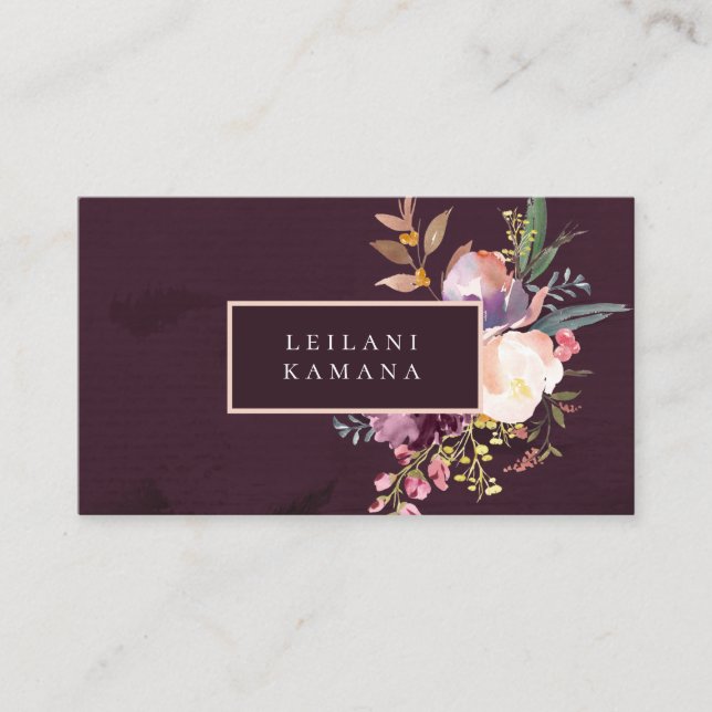 Elegant Watercolor Dark Purple Floral Business Card (Front)