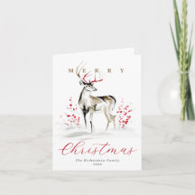 Elegant Watercolor Deer & Red Berries Christmas