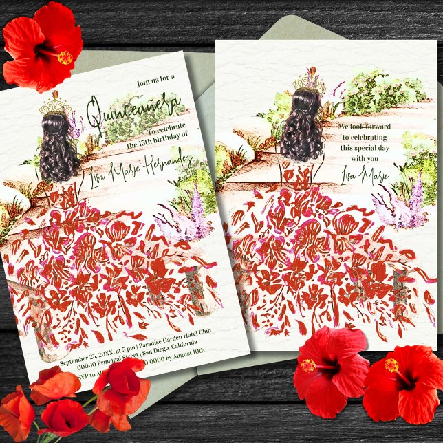 Elegant Watercolor Dreamy Red Dress Quinceañera Invitation (Creator Uploaded)
