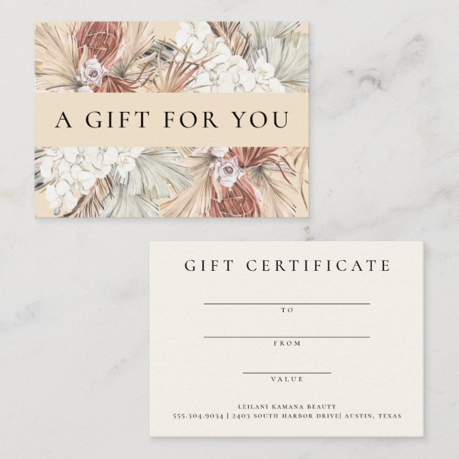 Elegant Watercolor Dried Boho Gift Certificate Card (Front/Back)