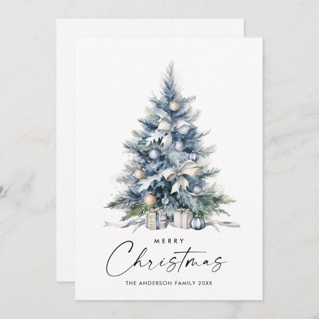 Elegant Watercolor Dusty Blue Christmas Tree Holiday Card (Front/Back)