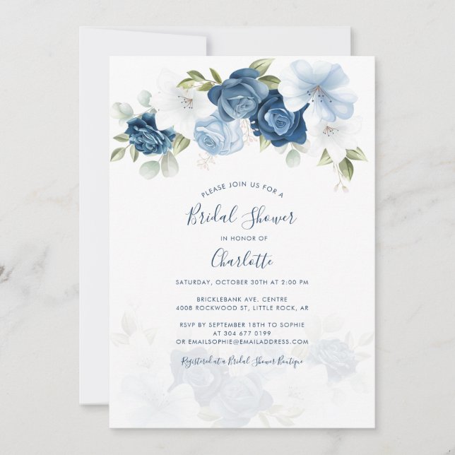 Elegant Watercolor Dusty Blue Floral Bridal Shower Invitation (Front)
