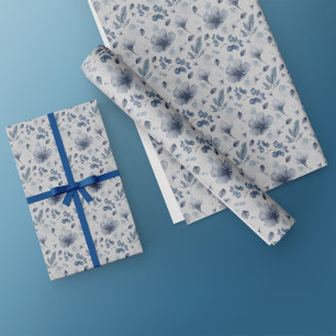 Elegant Watercolor Dusty Blue Floral Pattern Wrapping Paper