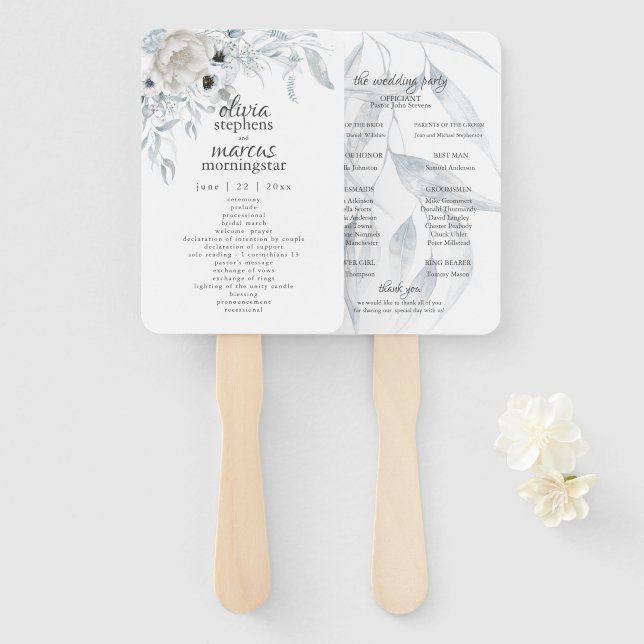 Elegant Watercolor Dusty Blue Floral Program Hand Fan (Front and Back)