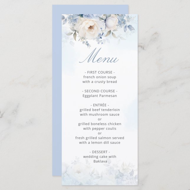Elegant Watercolor Dusty Blue Floral Wedding Menu (Front/Back)