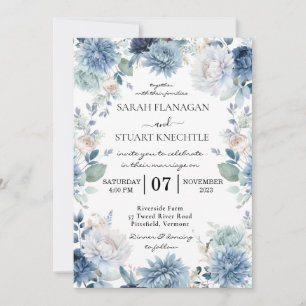 Elegant Watercolor dusty blue Flowers wedding Invitation