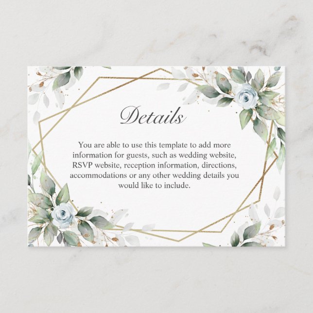 Elegant Watercolor Dusty Blue Foliage Details Enclosure Card (Front)