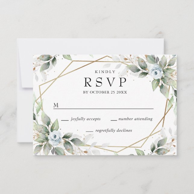Elegant Watercolor Dusty Blue Foliage Wedding RSVP Card (Front)