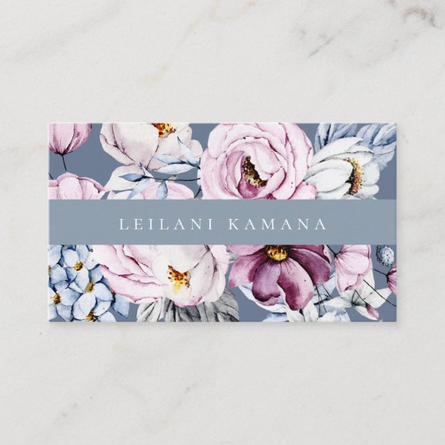 Elegant Watercolor Dusty Blue Mauve Floral Business Card (Front)