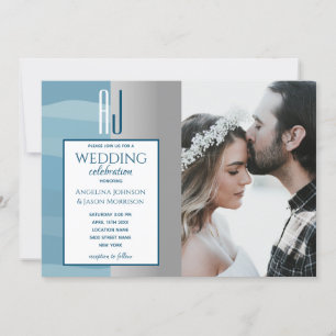 Elegant Watercolor Dusty Blue Silver Wedding Photo Invitation
