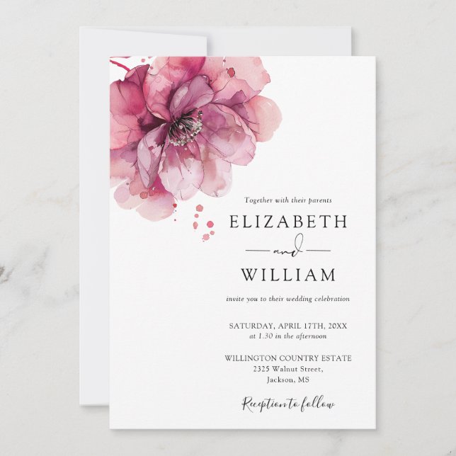 Elegant Watercolor Dusty Rose Floral Wedding Invitation (Front)