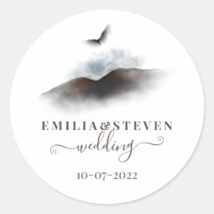 Elegant Watercolor Eagle Mountains Script Wedding Classic Round Sticker