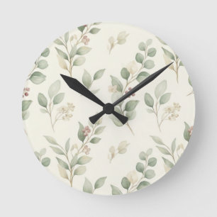 Elegant Watercolor Eucalyptus and Blush Berry Bota Round Clock