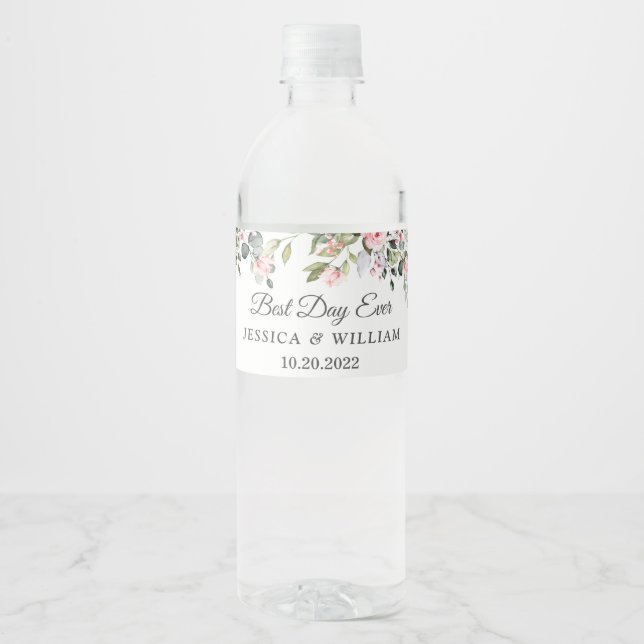 Elegant Watercolor Eucalyptus Best Day Ever Water  Bottle Label (Front)