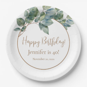 Elegant watercolor eucalyptus botanical birthday paper plate